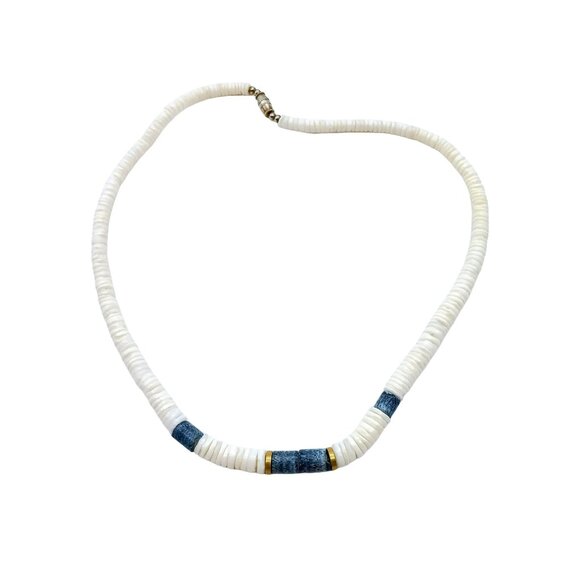 Retro Seashell Heishi Choker with Dyed Blue Coral Accent Tube Beads, Vintage - Picture 2 of 3